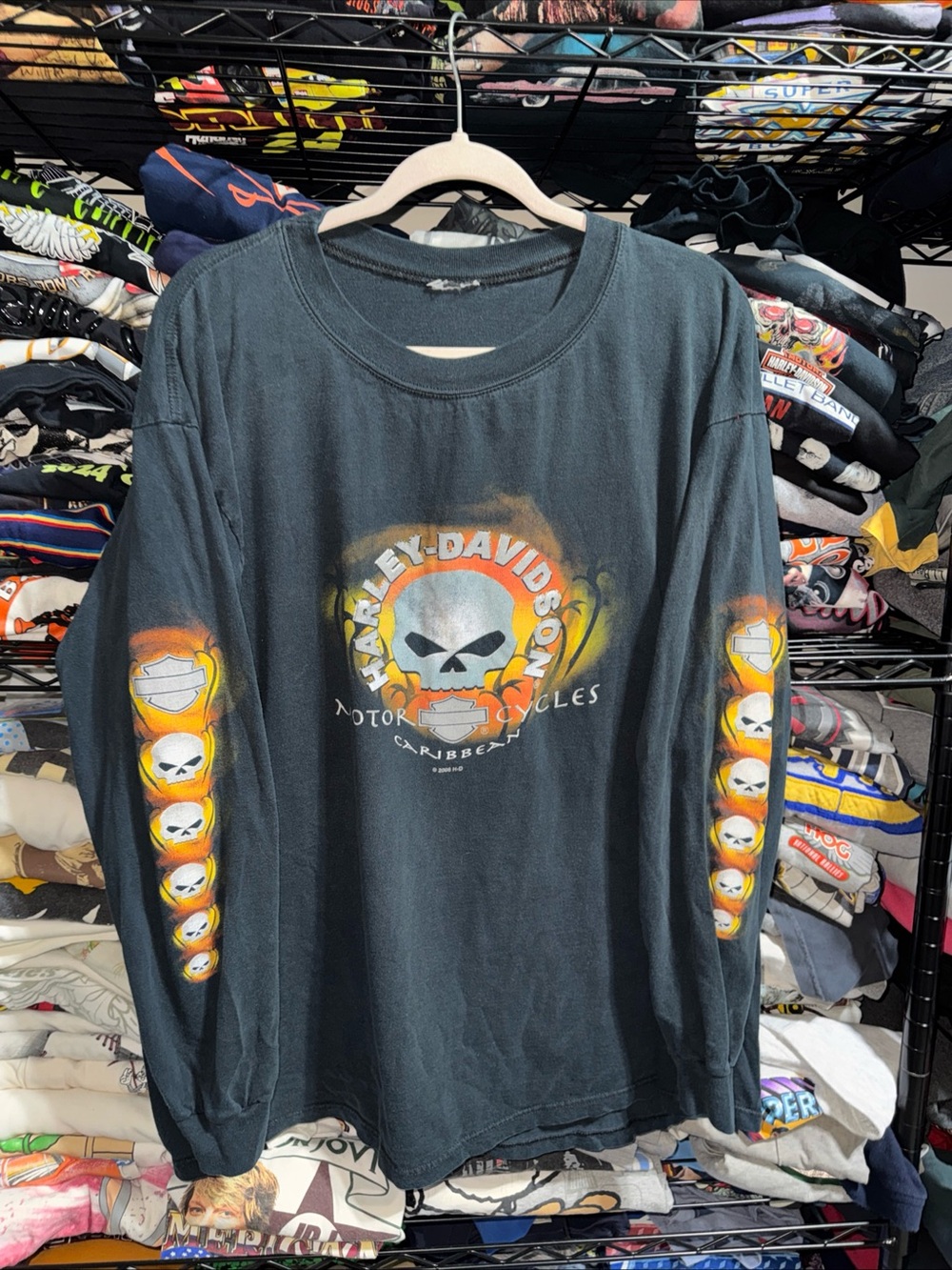 Vintage Harley Davidson Caribbeans Longsleeve Shirt W/ Flame Sleeves Size Xl
